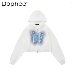 Women's Hoodies 2023 Fall American-Style Retro Design Butterfly Patch Long Sleeves Hooded Jackets Loose Couple Cardigan Coat Sweatshirts