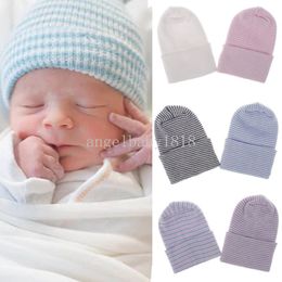 Newborn Striped Solid Knitted Hospital Warm Hat New Born Baby Girls Boys Soft Cotton Turban Beanie Crochet Flanged Skullcap Hat