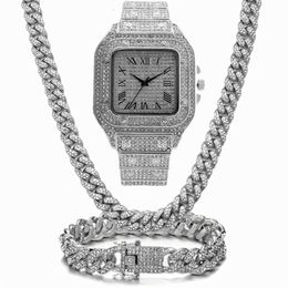 Chains Iced Out Chain Bling Miami Cuban Link Rhinestone Watch Necklaces Bracelet Women Men Jewellery Set Hip Hop Choker285y