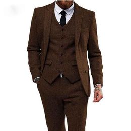 Brown herringbone tweed men suits for wedding 3 pieces smoking blazer man suit costume homme last jacket with tuxedo pan211f