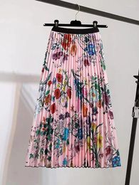 Skirts Floral Chic Summer Womens 2023 Vintage Fashion Brand Elastic High Waist Casual Midi Pleated Skirt Woman Clothes Jupe
