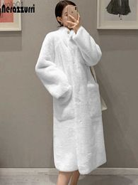 Women's Fur Faux Fur Nerazzurri Autumn Winter Long White Thick Warm Soft Fluffy Faux Rex Rabbit Fur Coat Women Raglan Sleeve Pockets Loose ClothesL231016