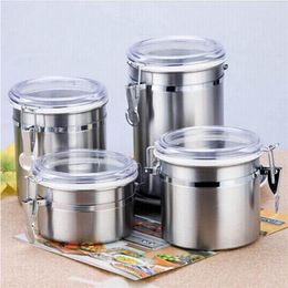 Stainless Steel Sealed Canister Coffee Flour Sugar Container Holder Cans Pots Storage Bottles Jar Transparent Cover Gnnso