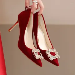 Dress Shoes Plus Size 35-42 Women's Rhinestone Button Pumps Red High Heels Wedding Pointed Toe Boat Crystal Stilettos 1634N