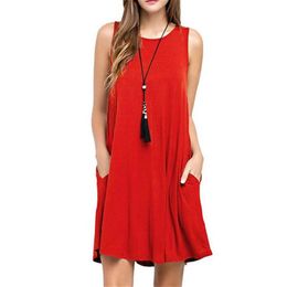 Summer Casual Women Pockets Cotton T-Shirt Sleeveless New Loose Solid Tank Dress O-Neck Plus Size Women Mini Dress Vestidos247C