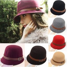 2015 Fashion Women Solid Beach Belt Buckle Bowler Fedora Hat Bowler Caps3037