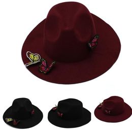 Creative Three Butterflies Women Wide Brim Hats Wool Soft Warm Ladies Fedoras Solid Floppy Cloche Jazz Caps Hats Autumn Winter211W