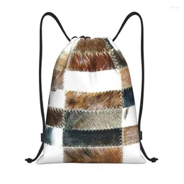 Shopping Bags Custom Cowhide Patchwork Texture Drawstring Bag Men Women Lightweight Animal Fur Leather Sports Gym Storage Backpack