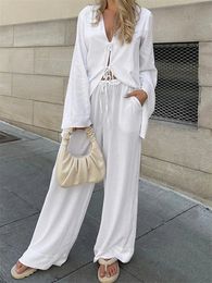 Women's Two Piece Pants wsevypo Casual White Two-Piece Top Pants Sets Women's Loose Streetwear Suits Long Sleeve Tie-up ShirtsWide Leg Pants Outfits 231016