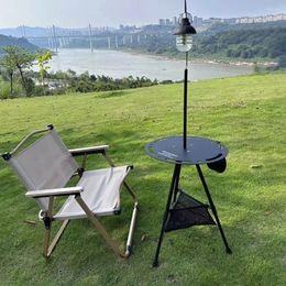 Camp Furniture Tryhomy Camping Folding Round Table Portable Lightweight Aluminium Alloy Tactical Hiking Garden With Lamp Rack