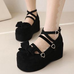 Dress Shoes BigSize Lolita Girls Candy Colour Comfortable Mary Janes Bowtie Lace Ruffles Platform High Heel Cosplay Women Pumps