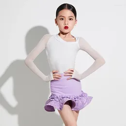 Stage Wear Girls ChaCha Dance Performance Costume Latin Dresses Long Sleeve Practice Rumba Dancewear Boodysuit Skirt VDB7438