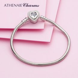 Bangle ATHENAIE 100% 925 Sterling Silver Snake Chain Bangle Bracelet with CZ Love Heart Clasp Charms Bracelets for Women 231013