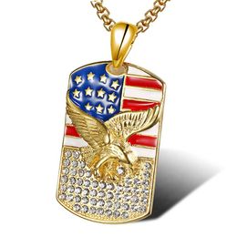 Trendy National American Flag Military Card Army USA Dog Tag Eagle Pendant Necklace Hip Hop Mens Womens Punk Crystal Diamond Jewellery