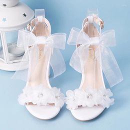 Dress Shoes Summer Elegant Yarn With Bow A Word Wristband White Flowers Cross-belt Toe Thick Women's Sandals