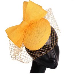 Berets Yellow Chic Bow Fascinator Hat Cocktail Wedding Party Millinery Headpiece Fashion Headwear Feather Hair Accessories Bride