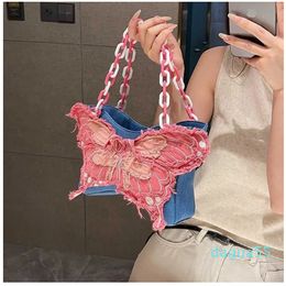 Pink Butterfly Decor Crossbody Denim Shoulder Sweet Cool Spicy Girl Chain designer bag Womens Personalised Denim Crossbody