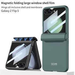 Luxury Magnetic Hinge Membrane Vogue Phone Case for Samsung Galaxy Z Folding Flip5 5G Sturdy Full Protective Soft Bumper Anti-slip Tempered Film Solid Fold Shell