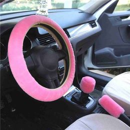 Steering Wheel Covers 3pcs Car Plush Steering Wheel Cover Gearshift Handbrake Cover Protector Decoration Warm Super Thick Plush Collar Soft Fur Winter Q231016