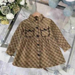 luxury fashion girl Long sleeved dress designer baby clothes Grid Letter Full Print Kids frock Size 100150 CM high quality lapel Child skirt Au