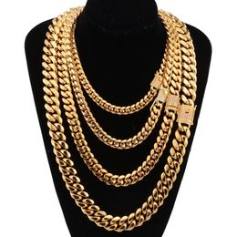 8-18mm wide Stainless Steel Cuban Miami Chains Necklaces CZ Zircon Box Lock Big Heavy Gold Chain for Men Hip Hop Rock jewelry227R