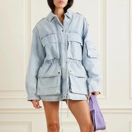 Women's Jackets Personalised Fashion Multi Pocket Design Sense Lace Up Waist Slim Clothing Autumn Mid Length Denim Coats