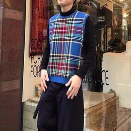 Men's Vests Vintage Knitwear V-neck Sleeveless Vest Men Japanese Harajuku Patchwork Plaid Streetwear Fashion College Sweater 2023