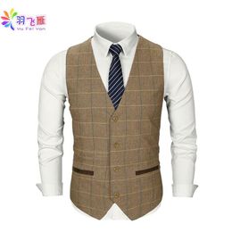 Smart Casual Men Vest Suit Brown Tweed Vest Slim Fit British Style Cotton Sing Breasted Plaid Wedding Dress Waistcoat Suit280d