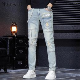 Men's Jeans American Nostalgic Men High Street Trend Hole Patches Slim Wash Retro Patchwork Straight Light Blue Denim Pants Y2k