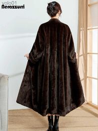 Women's Fur Faux Fur Nerazzurri Winter Long Brown Elegant Luxury Fluffy Faux Mink Fur Coat Women with V Neck Sashes Loose Stylish Furry Overcoat 2023L231016