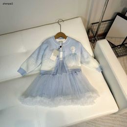luxury designer Baby tracksuits autumn girls dresses sets Size 110150 CM 2pcs Gradient round neck knit cardigan and patchwork lace dress Aug1