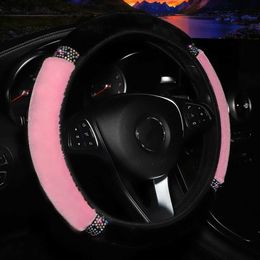 Steering Wheel Covers Universal Car Steering Wheel Cover 37-38cm Diameter Soft Plush Rhinestone Interior Accessories Black Pink Car Steering Cover Q231016