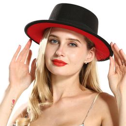 Outer Black Inner Red Flat Brim Sombreros Flat Top Felt Boater Hat Womens Lady Imitate Wool Fedora Hats with Black Ribbon2914