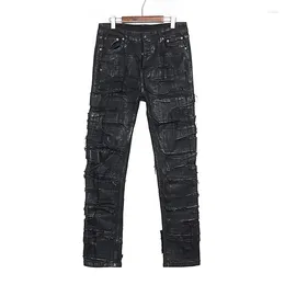 Men's Jeans Men High Street Coated Wax Denim Knife Cut Ripped Pants Male Streetwear Fashion Dark Black Vintage Brand