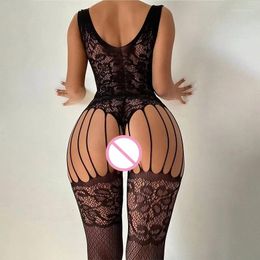 Women Socks Teddy Crotchless Tights Erotic Lingerie Black Full Body Stockings High Fishnet Sexy Pantyhose Floral Mesh Hollow
