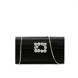 2023 Elegant Black Silk Satin One Shoulder black satin evening bag with Chain Strap for Women