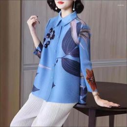 Women's Knits Printed Lapel Blouse Female 2023 Autumn Chinese Style Western-style Ageing Casual Full Sleeve Pleated Shirt Women Top