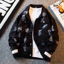 Men's Jackets Spicy Denim Coat Men's Spring and Autumn Street Wash Personalised Graffiti Neck Trendy Casual Jacket R231016