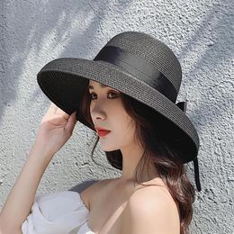 Retro Hepburn black straw sun hat for women sun protection holiday seaside beach hat female summer big eaves Visor caps209S