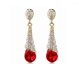 Backs Earrings Red Rhinestone Crystal Long Water Drop Clip On Non Pierced Ear Jewellery For Women Wedding Gift No Hole Cuff Earings