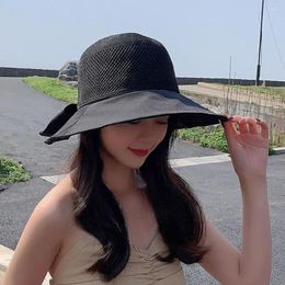 Wide Brim Hats Women Fisherman Hat Hollow Out Lady Sun Breathable Bow-knot Decor Summer Letter Print Sunscreen