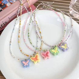 Chains AOMU Summer Colorful Acrylic Resin Butterfly Beaded Pendant Necklace For Women Fashion Handmade Chain Necklaces Jewelry Gifts