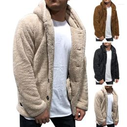 Men's Jackets Men Winter Coat Solid Colour Button Closure Outerwear Thick Fluffy Fleece Long Sleeve Hooded Clothing