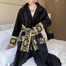 Black Gold Paisley Velvet Robe Sleepwear Clothing Luxury Winter Men Long Nightgown Hooded Warm Bath Robe273j