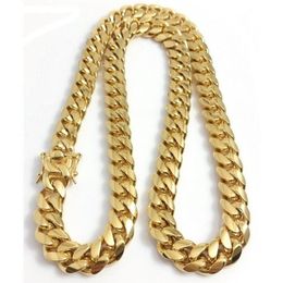 Stainless Steel Chains 18K Gold Plated High Polished Miami Cuban Link Necklace Men Punk 14mm Curb Chain Double Safety Clasp 18inch317W