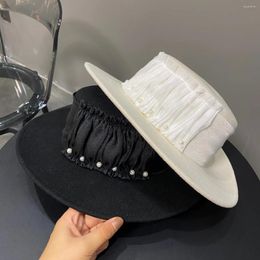 Berets R039 White Wool Pearl Flat Top Hat Elegant Retro Caps Fascinators Fedora Hats Black Wedding