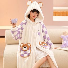 Women's Sleepwear Cute Bear Women Night-robe Pajamas Winter Thick Hooded Nightgown Soft Warm Night Gown With Pockets Ladies Pijama