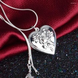 Chains Classic Vintage Rose Flower 925 Sterling Silver Needle Locket Double Heart Necklace Po El Collar Pendant Women' Gift