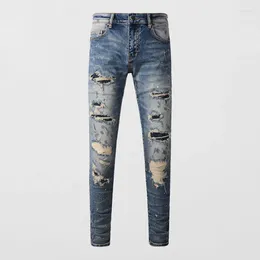 Men's Jeans High Street Fashion Men Retro Washed Blue Stretch Skinny Painted Ripped Beading Patched Designer Hip Hop Brand Pants