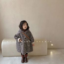 Jackets Children Clothing Autumn Winter Girls Coat Cotton Lamb Wool and Fleece Thickened Striped Hooded Clothes 231013